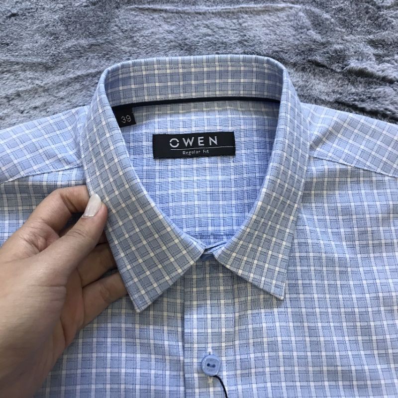 Áo Sơ Mi Nam Tay Dài Owen AR21055DT Dáng Regular Fit Màu Xanh Caro Trắng Vải Sợi Tre | BigBuy360 - bigbuy360.vn