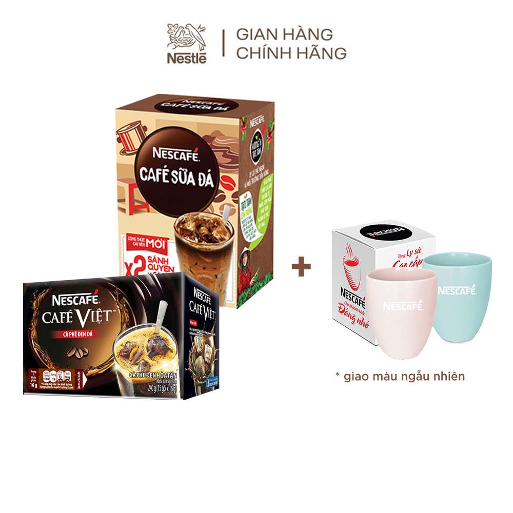 [Tặng 2 ly sứ pastel màu ngẫu nhiên]Combo 2 hộp cà phê Nescafe: Café sữa đá(10gói/hộpx24g) + Café đen đá(15gói/hộpx16g)