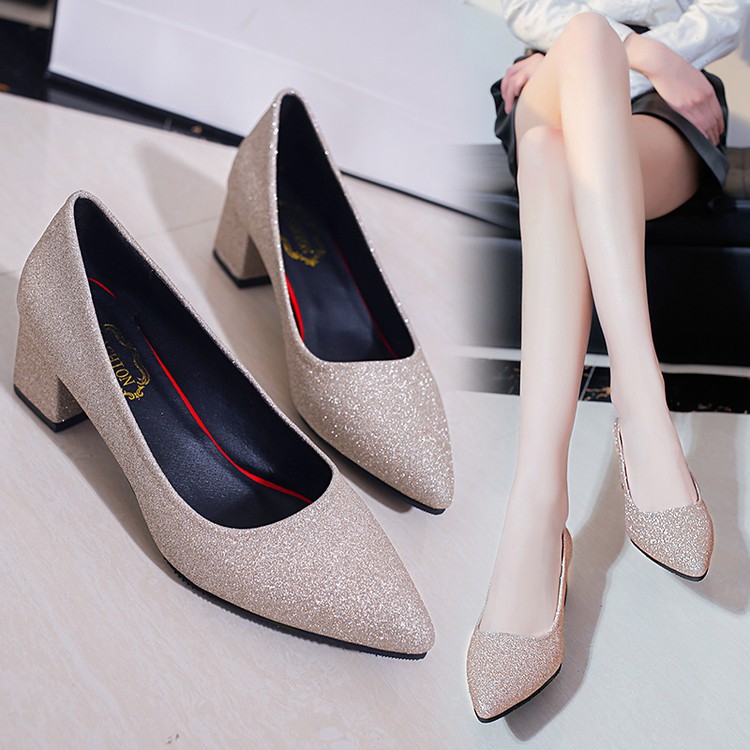 Giày cao gót/Giày nữ, sexy, đính kim sa, mũi nhọn, gót thô, màu bạc, thời trang, dễ kết hợp