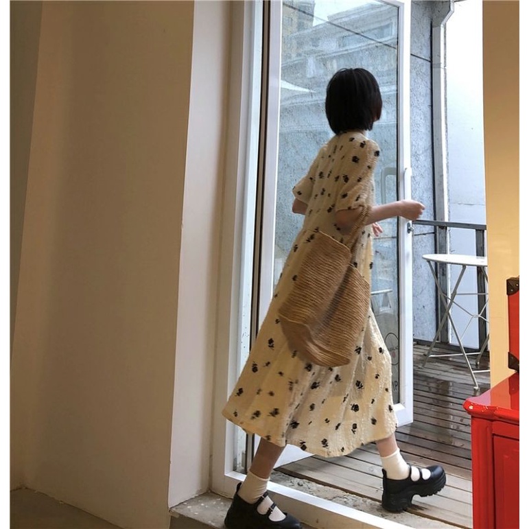 VÁY BABYDOLL HOA NHÍ TAY PHỒNG / ĐẦM DÁNG SUÔNG MÀU BE VINTAGE