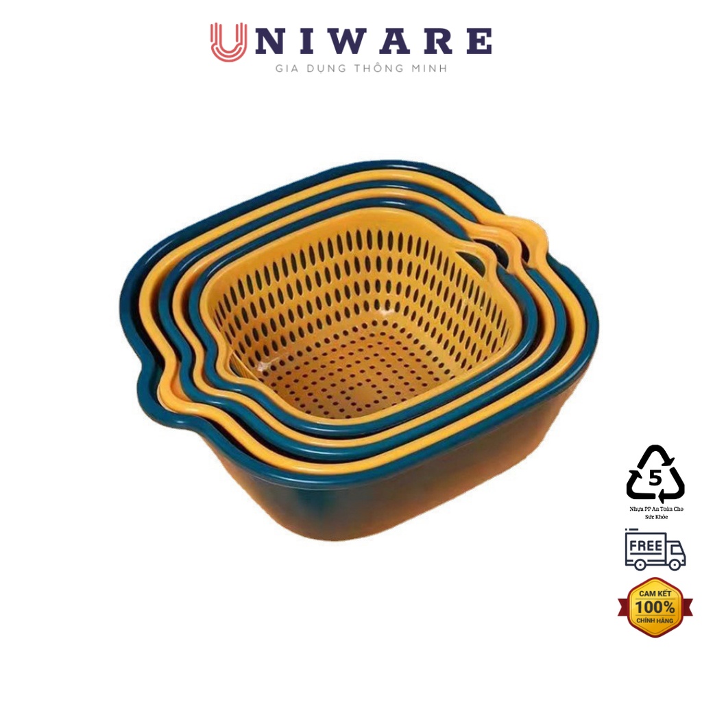 Rổ nhựa chữ nhật, bộ 6 món thau kèm rổ nhựa, rổ kèm chậu nhựa cao cấp, Uniware