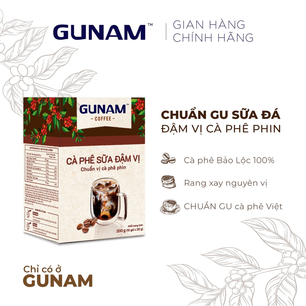 Combo Nguyên vị- cà phê hoà tan GUNAM bạc sỉu (10 gói x 20g) + cà phê hoà tan GUNAM đậm vị (10 gói x 20g)