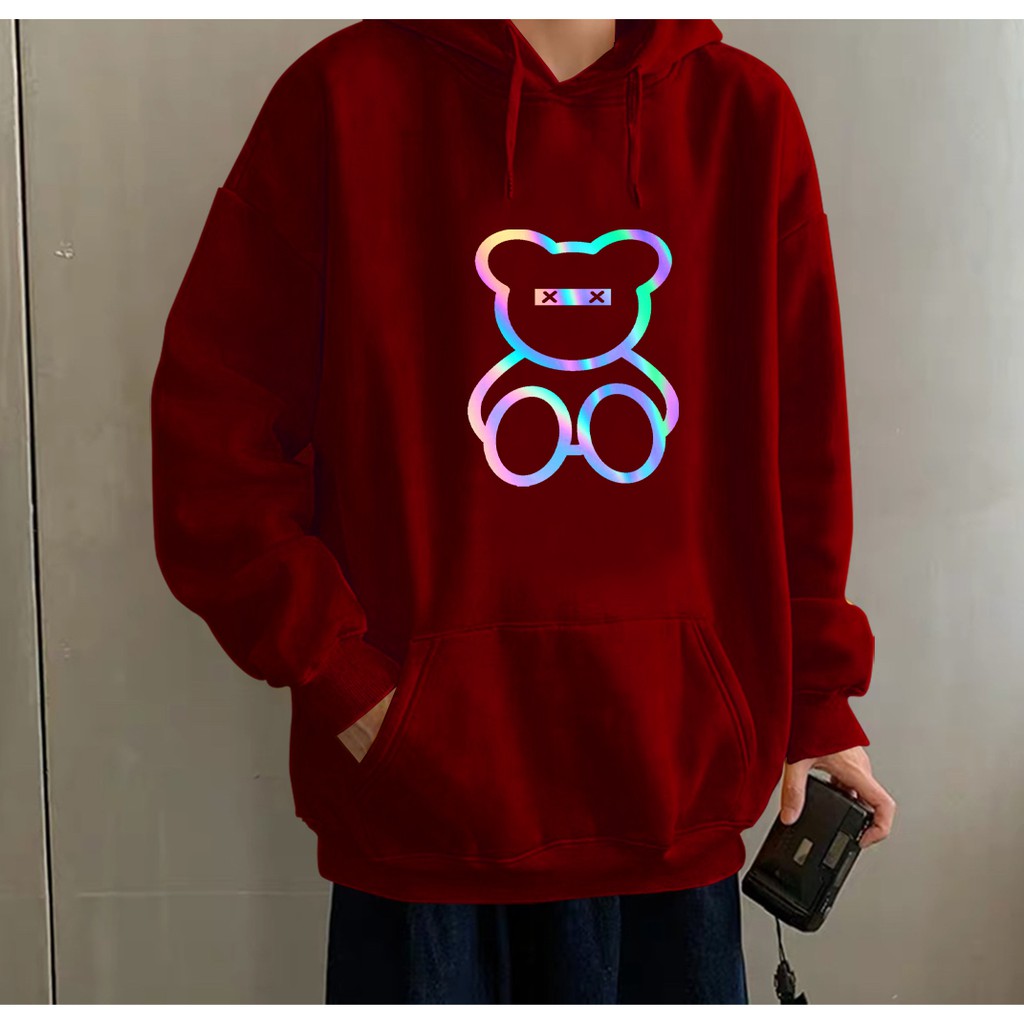 Aó khoác nỉ Hoodie phản quang Gấu Teddy, Áo khoác nỉ nam nữ họa tiết hình cá tính - KN26