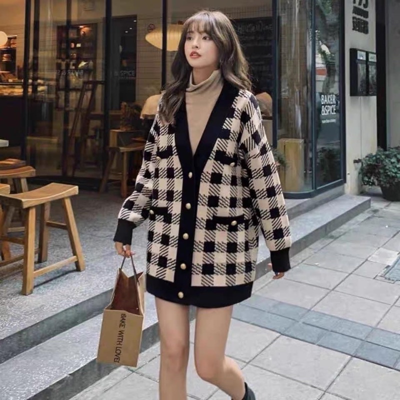 Áo khoác cardigan kẻ ô trám siêu xinh