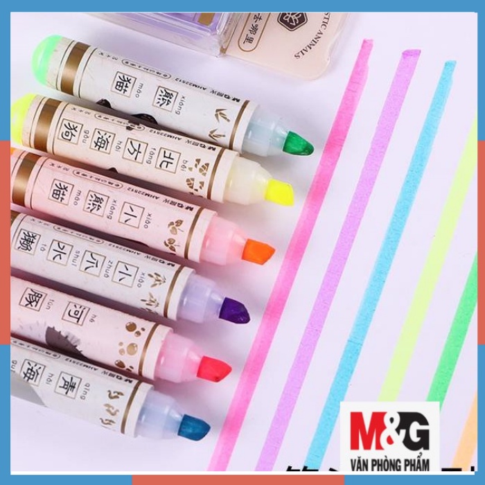 Bộ 6 bút Highlight MG dạ quang nhớ dòng màu pastel họa tiết thỏ, chó Snoopy, mèo, gấu panda hỏa tiễn siêu cute