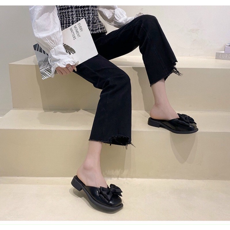 Dép Sục Nữ Lolita Đính Nơ Mũi Vuông Da Mềm Đế Êm Phong Cách Ulzzang