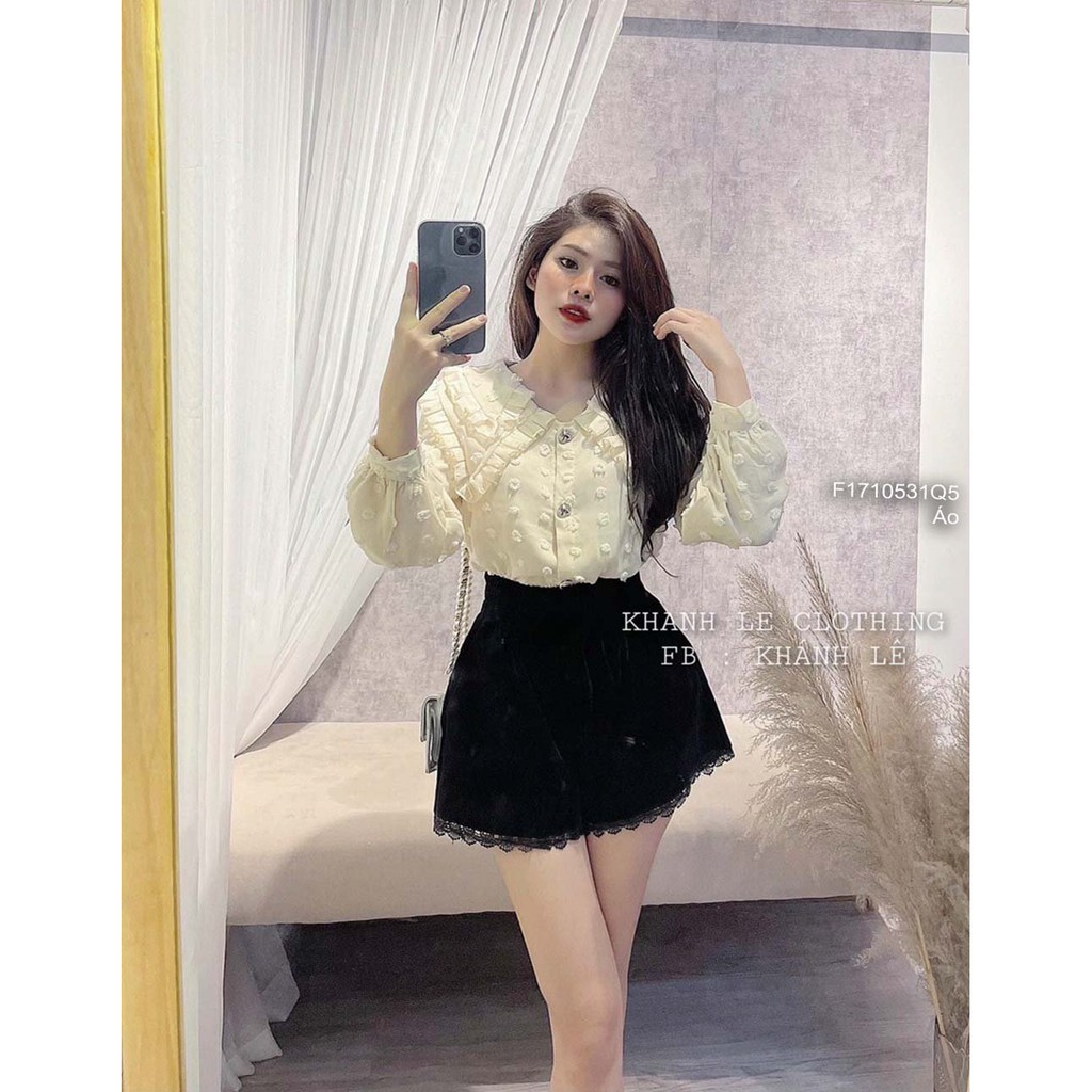 Áo sơ mi tơ bông nổi hai lớp cổ bèo đôi tay dài hàng QC!