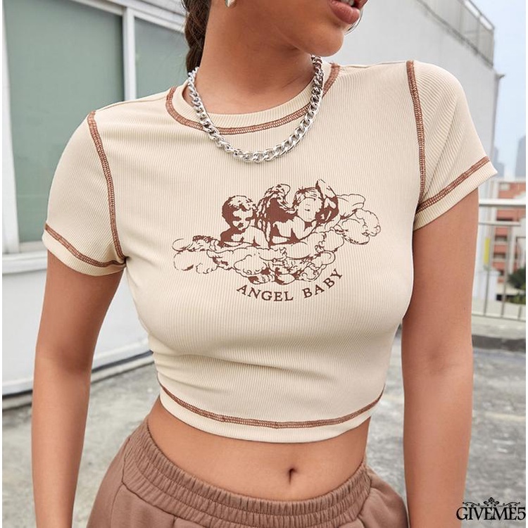 Áo Thun Croptop Tay Ngắn Cổ Tròn In Hình Thiên Thần Nhỏ Phối Màu Tương Phản Cho Nữ