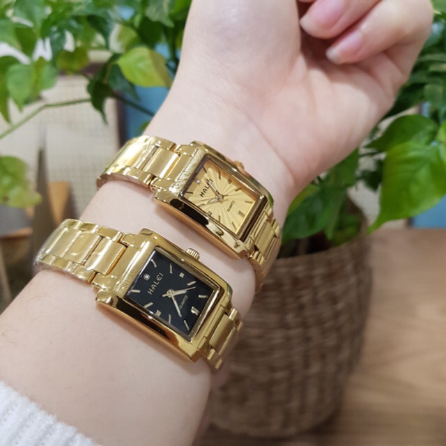 MỘT_ĐỔI_ MỘT TRONG 7 NGÀY- Đồng hồ nữ Halei mặt vuông máy Nhật mạ vàng cao cấp, sang trọng