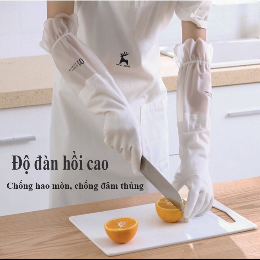 Găng tay cao su lót nỉ siêu dai, siêu bền,găng tay cao su rửa bát dài có dây thun chống tuột