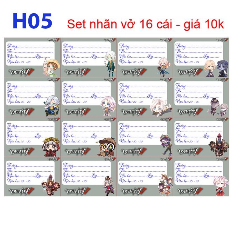 nhãn vở Anime ldentity V 20-140  cái khác nhau/ nhãn vở ldentity v