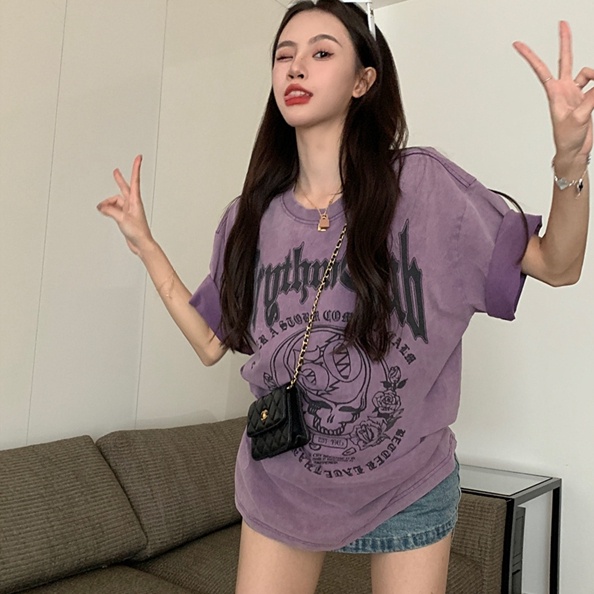 Áo thun SUXI tay ngắn cổ tròn dáng rộng in chữ thời trang mùa hè dành cho nữ