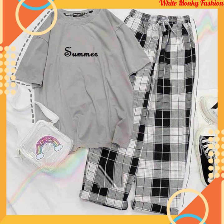 Sét Bộ Đồ Nữ Mùa Hè Mặc Đi Học,ĐI Chơi, Áo Thun Nữ Cotton In Chữ Summer Mix Quần Ống Rộng Kẻ Phong Cách Teen Hàn Quốc