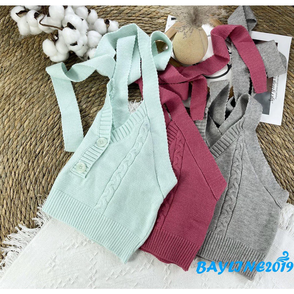 Áo croptop dệt kim không tay hở lưng màu trơn thời trang mùa hè năng động cho nữ 5 màu