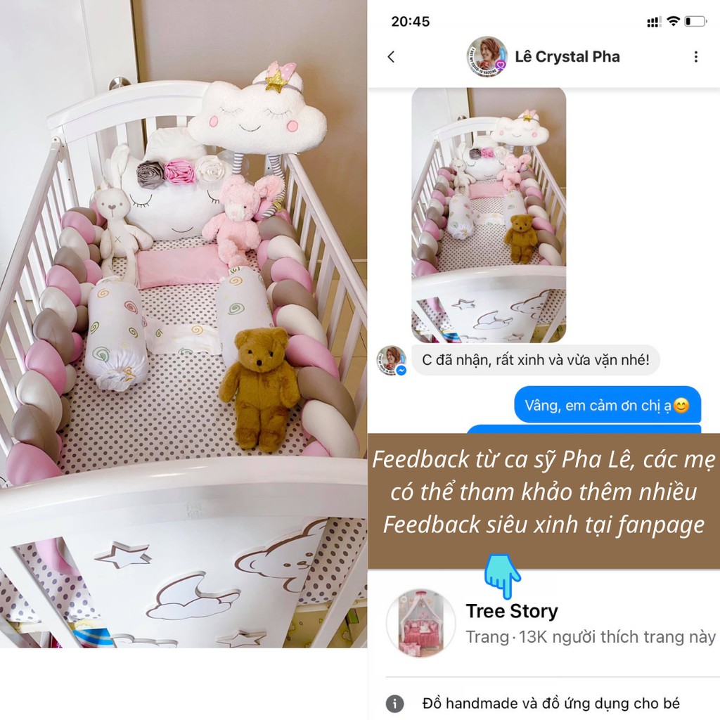 Combo nôi xoắn, gối chặn và gối mây thêu tên cho bé Tree Story