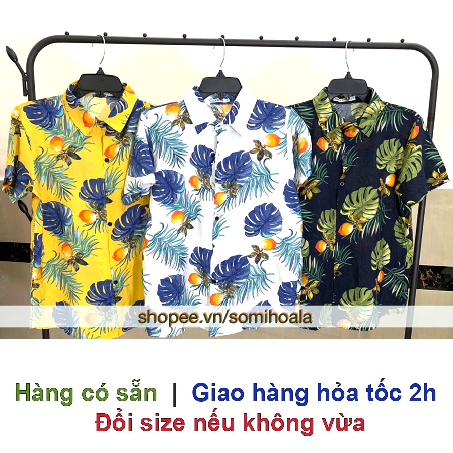 Áo hawaii nam nữ họa tiết lá- quả đào, chất đũi mềm mát thích hợp đi biển