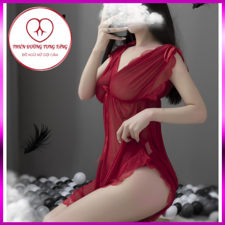 Váy ngủ hai dây voan thun dày mịn cao cấp sexy mặc 2 kiểu bigsize màu đỏ s12 | BigBuy360 - bigbuy360.vn