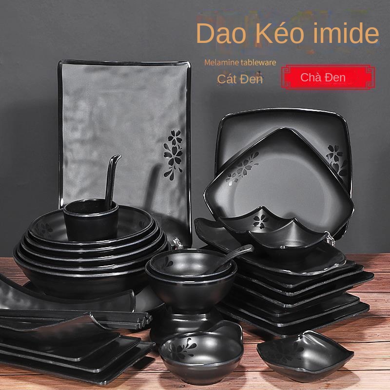 【Dịch vụ bộ đồ ăn một cửa】 melamine cái bát Đĩa Nhựa Hình Chữ Nhật Màu Đen Nhám Phong Cách Nhật Bản Cho Nhà Hàng bộ đĩa melamine đĩa Ăn mì cái bát bát lớn
