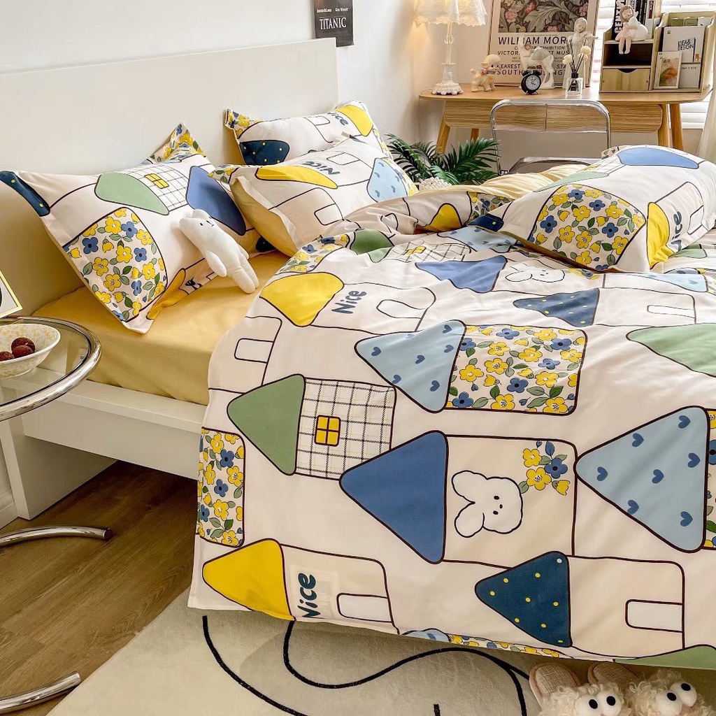 Bộ chăn ga gối cotton poly 2 mặt Lidaco decor phòng ngủ vintage - Ngôi nhà dâu tây ( SP001458)
