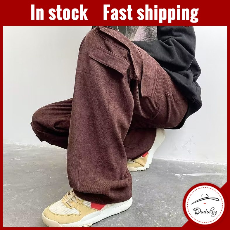 DaDuHey Men's High Street Loose Multi-Pocket Cargo Pants Pants Vibe Style Retro Distressed High Waist Straight Casual Pants