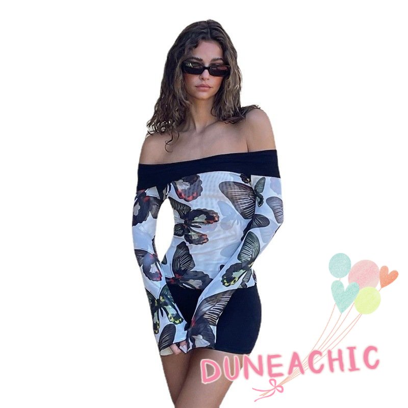 DUNEA Áo Thun Dài Tay Trễ Vai In Hình Bướm Xinh Xắn Dành Cho Nữ