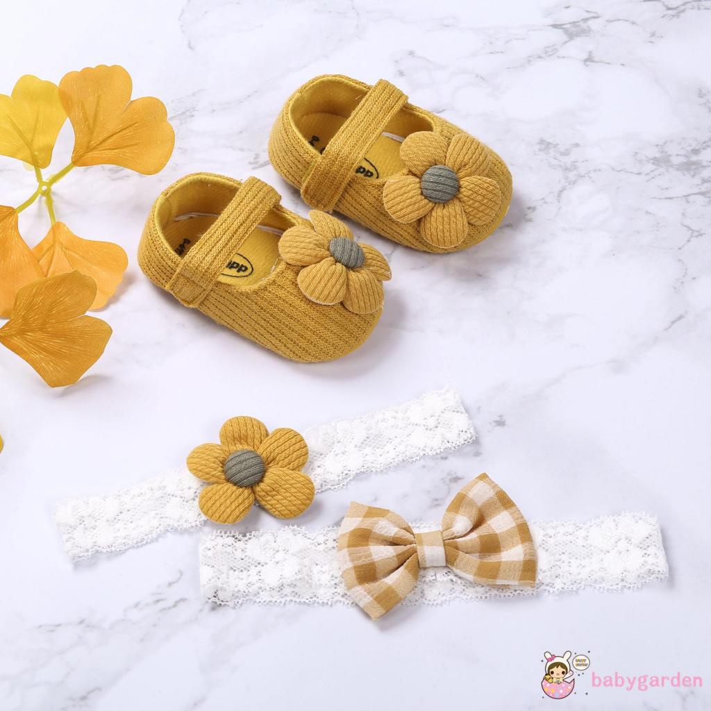 Bộ Giày Và Băng Đô Đế Mềm Họa Tiết Hoa Mary Jane Dành Cho Bé Gái