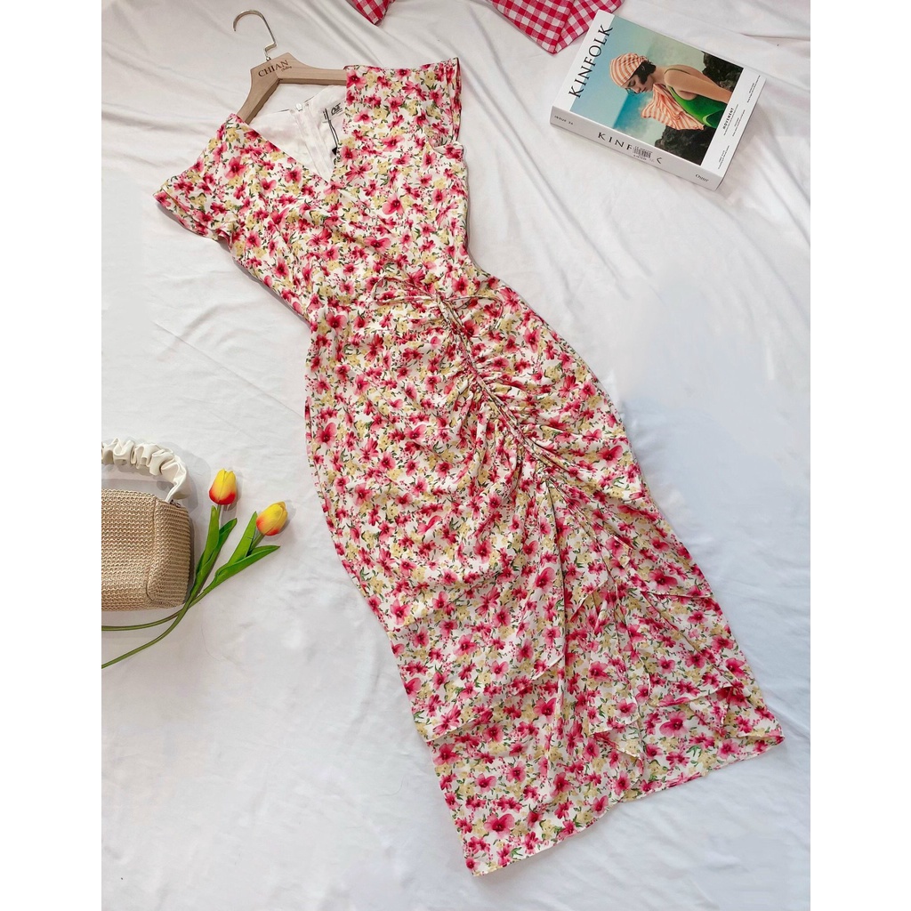 Đầm MIDI Hoa Nhí Hồng - Dáng Rút Hông Lady