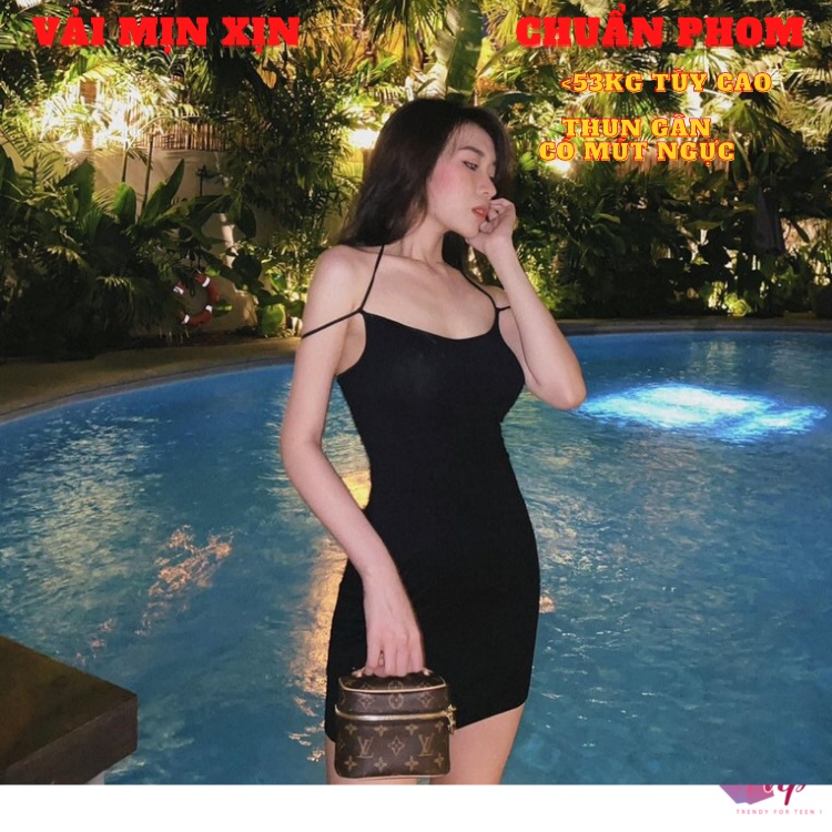 Váy đầm hai dây body nữ hở lưng dáng ngắn trên gối thun gân quốc dân màu trắng đen sang chảnh dự tiệc hàn quốc VD186