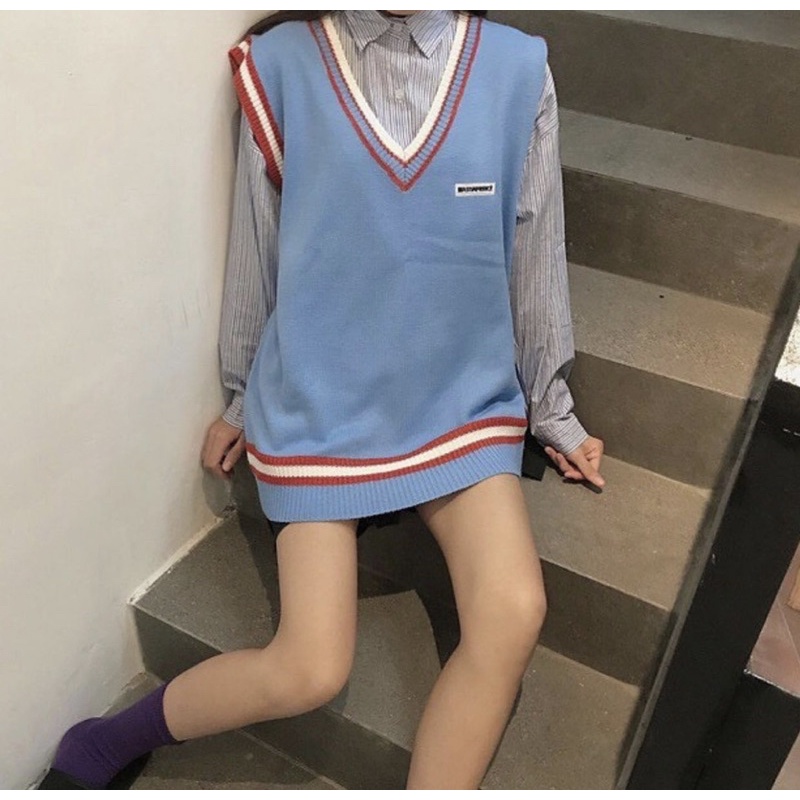 Áo gile len cổ V mác ngực màu hot trend ulzzang freesize