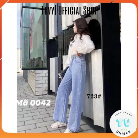 Quần bò nữ TUVYSHOP Quần Jeans Ống Rộng 3 Cúc Cạp Cao hack dáng đanh mịn không phai màu xanh 3 size S M L
