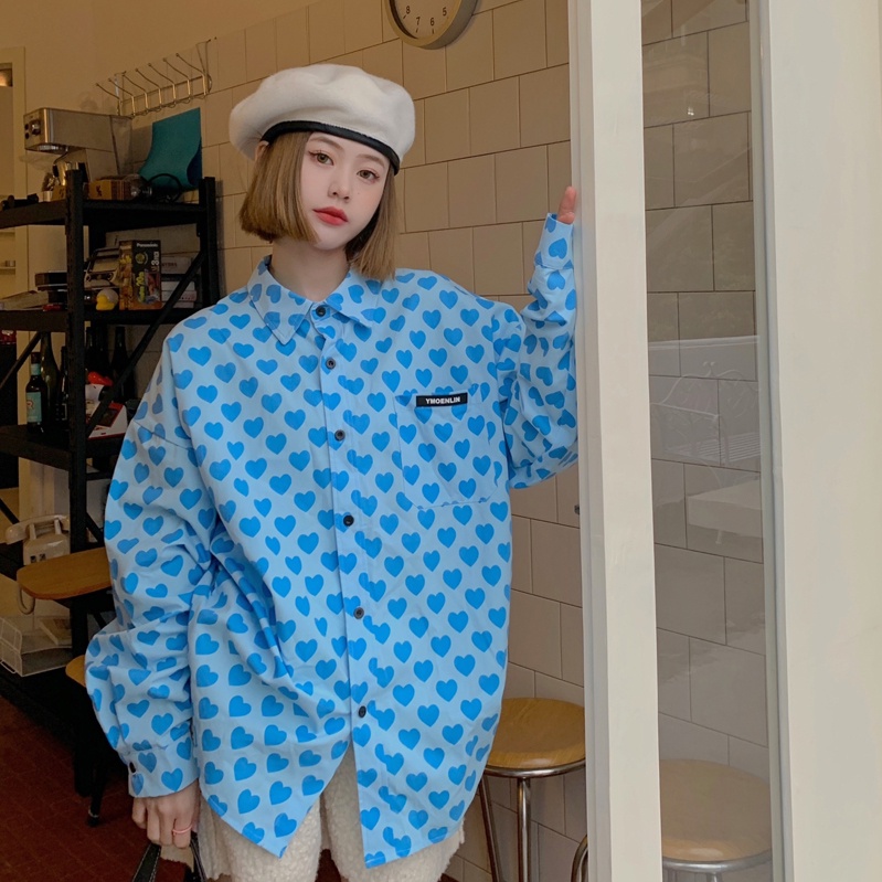 Áo sơ mi SUXI tay dài in họa tiết trái tim phong cách retro thời trang Hàn Quốc cho nữ