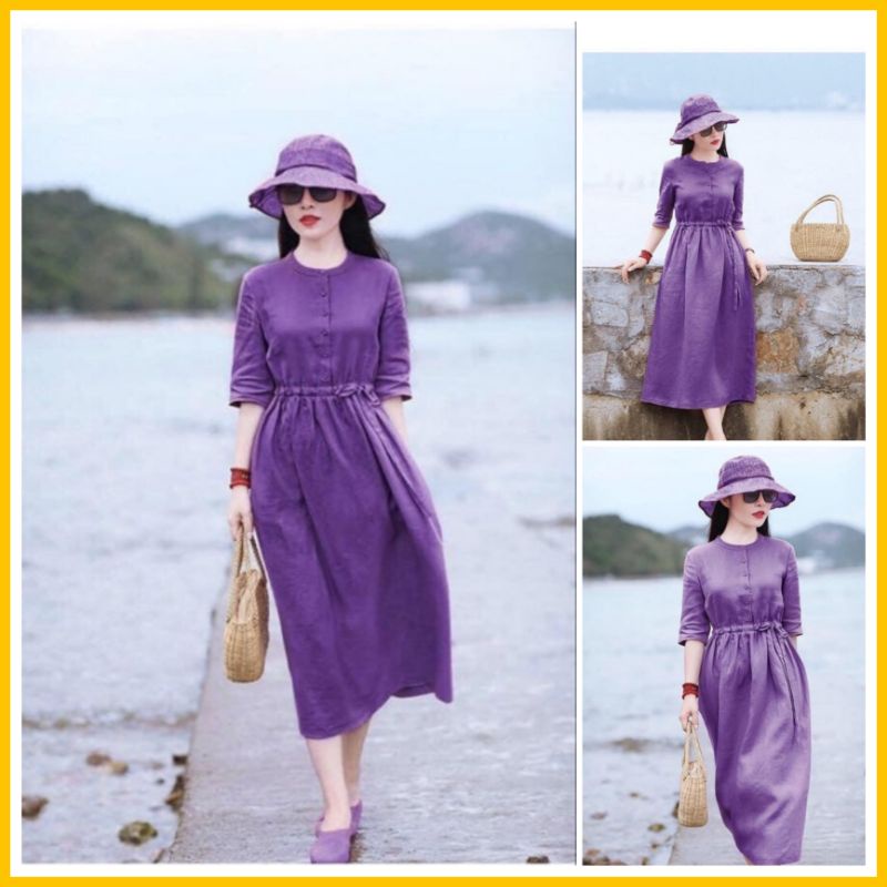 Đầm tím cẩm cổ tàu rút dây eo ( Hàng Thiết kế + chất Linen bột)
