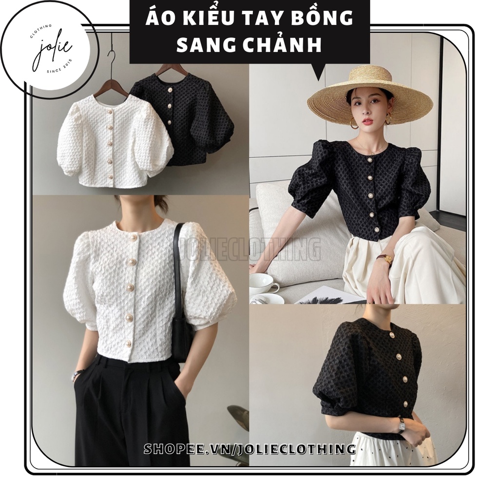 Áo kiểu tay ngắn dáng lửng, áo croptop tay bồng đính khuy tròn sang trọng, áo sơ mi nữ ngắn tay chất vải xốp sang trọng