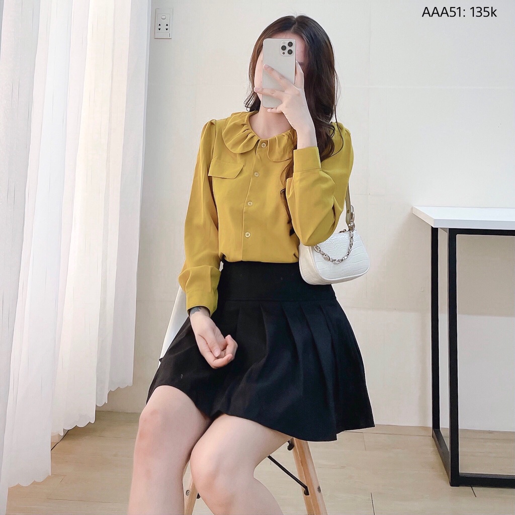 Áo sơmi cổ xếp ly túi nắp công sở form rộng tay dài đẹp Chibest AAA51