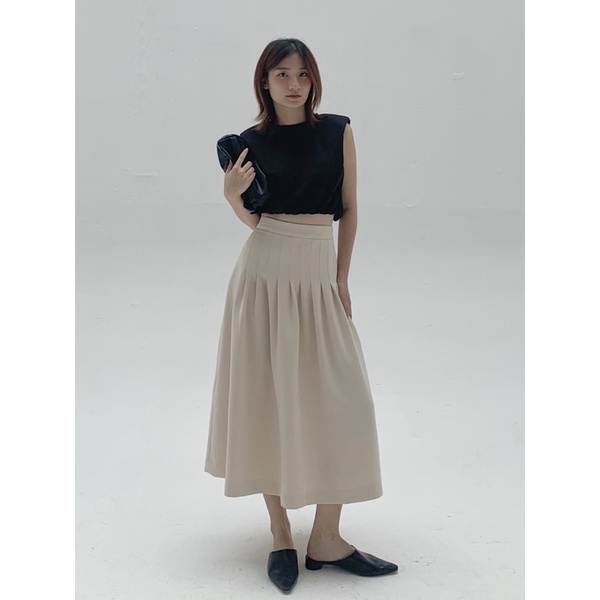 Chân váy dài xếp li cạp cao (Be)_MONOTALK B10004TK