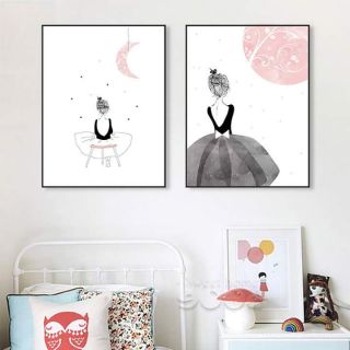 Tranh canvas cô gái dễ thương bộ 2 tranh 40x60 kèm khung