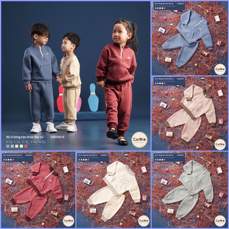 Bộ nỉ bông kéo khóa đáp túi Cookie dành cho bé trai bé gái cao cấp ấm áp