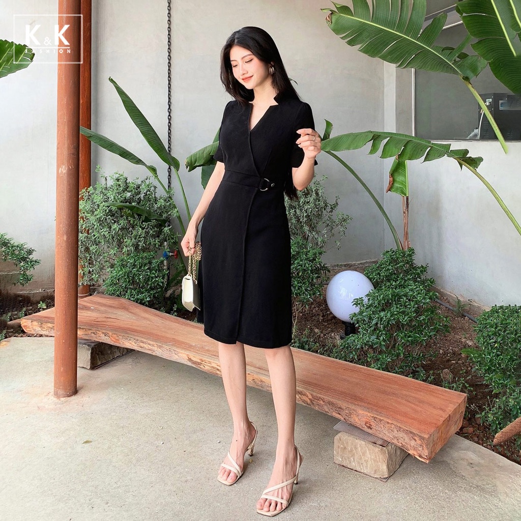 Đầm Đen Công Sở Nhấn Eo K&K Fashion KK108-34 Tùng Đắp Chéo Chất Liệu Garolane