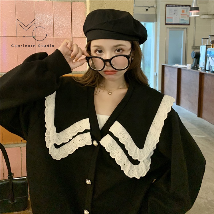 Áo khoác len màu đen cổ búp bê phong cách Hàn Quốc đáng yêu