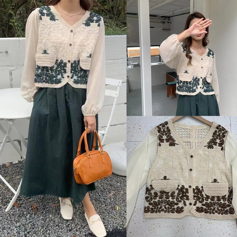 Áo Khoác Cardigan Vải Chiffon Cổ V Tay Phồng Thêu Hoa Phối Nút Màu Sắc Tương Phản Thời Trang Mùa Thu Cho Nữ