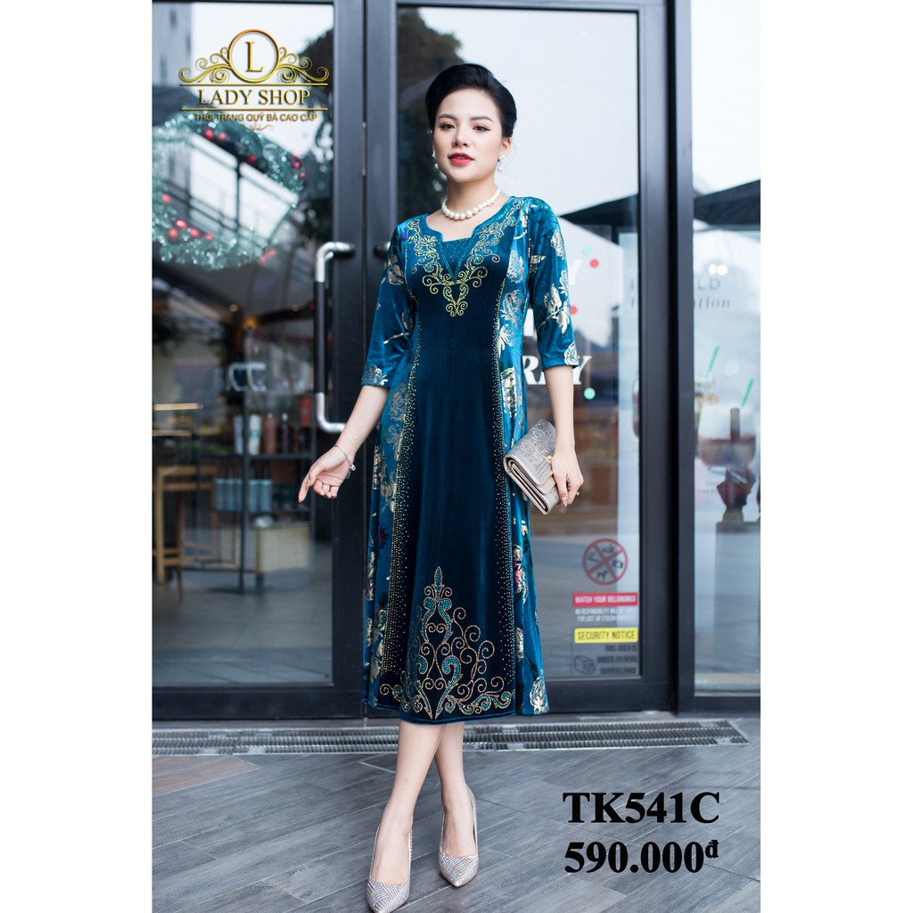 Thời trang trung niên -  Đầm quý bà cao cấp - Ladyshop - Đầm nhung hoa hồng phối giữa đính đá TK541