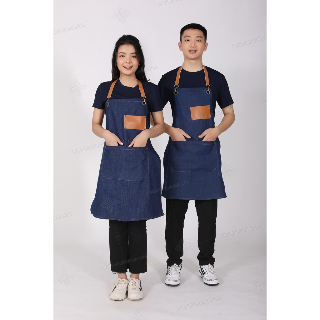 Tạp dề quán café cho nhân viên - Vải denim bền đẹp, phối da cao cấp nhiều túi tiện lợi, dây đeo dài tùy chỉnh kích thước