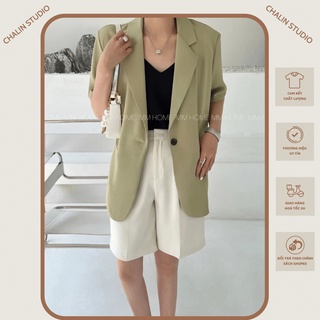Áo blazer cổ v độn vai túi hộp bảng màu hàn A-2022