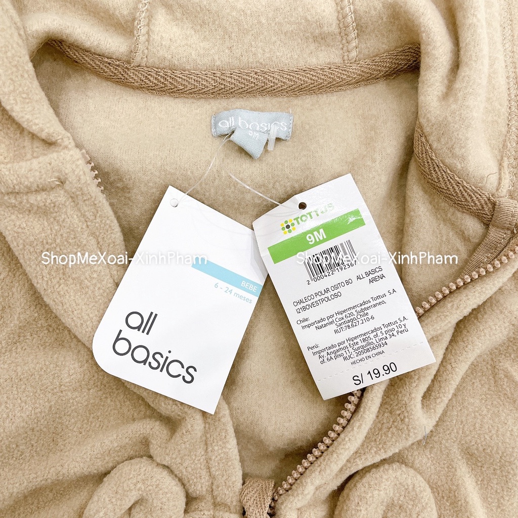 Áo khoác nhí, Gile nỉ bông hiệu All Bacsic có mũ size 6M,9M,12M,18M.24M