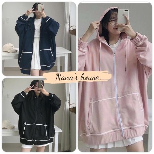 Áo Hoodie Dáng Rộng Kẻ Viền Túi 🎁 Nana's House - FREESHIP 🎁 Áo khoác dáng rộng dài tay có khóa zip, thiết kế trẻ trung