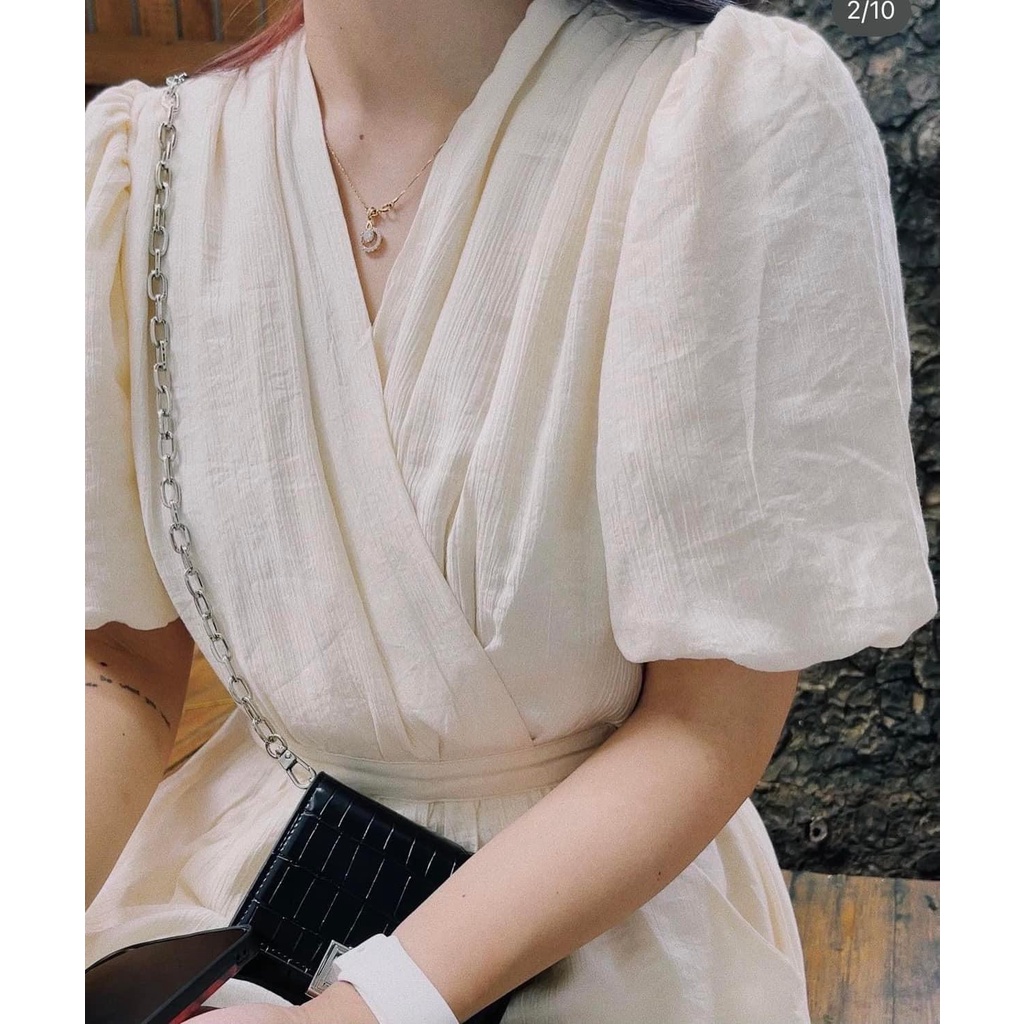 [Ảnh thật/Video] Váy maxi đũi xước tay bồng cổ V thắt nơ eo - Đầm tay bồng rút dây eo dáng dài 2 lớp