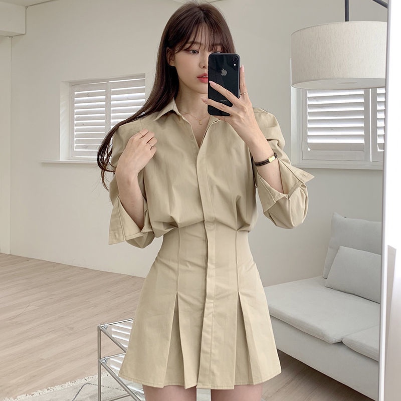 Đầm sơ mi tay dài ôm eo phong cách Hàn Quốc thời trang dành cho nữ