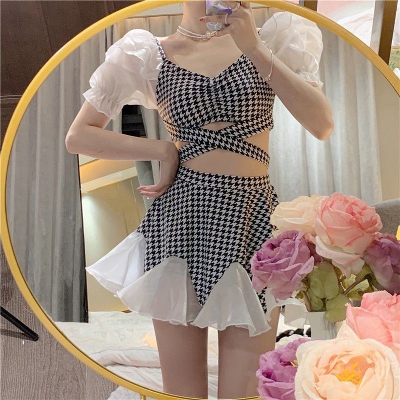 Bộ Đồ Bơi Hai Mảnh Họa Tiết Houndstooth Dễ Thương Thời Trang Mùa Xuân Cho Nữ