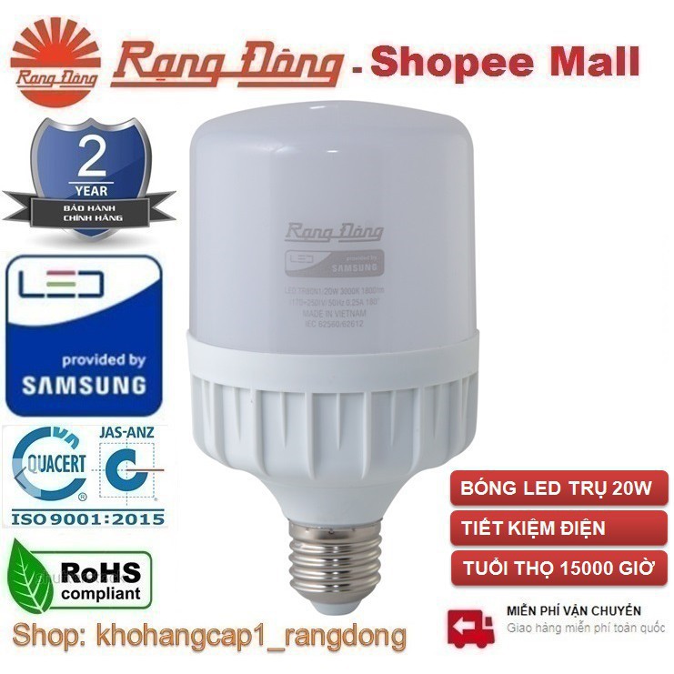 BÓNG ĐÈN LED TRỤ RẠNG ĐÔNG 20W SIÊU SÁNG, SIÊU BỀN, TÁN QUANG RỘNG MODEL LED TR80N1/20W