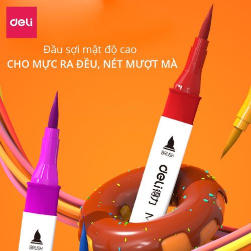 Bút màu marker DELI 2 đầu túi vải bò mực có thể rửa được, bút màu có đầu brush và vát 30 40 60 80 màu- 70808